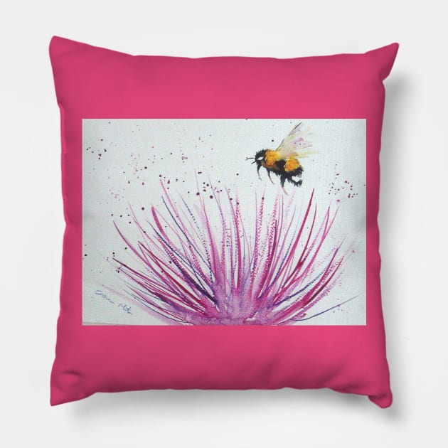 Bumble bee and Pink Flower Pillow by Casimirasquirkyart