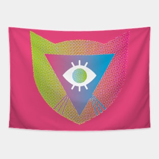 Rainbow Laser Cat Whiskers Evil Eye LGBTQIA2S+ Pink Green Triangle Shield Protection Optical Illusion Illuminati Y2K Graphic Design Tapestry