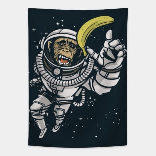 Funny Chimpanzee Astronaut Chasing Banana in Outer Space Tapestry