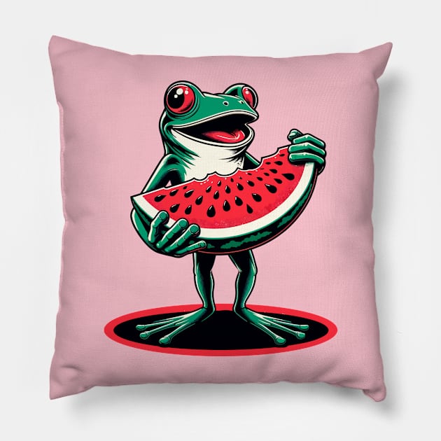 Frog carrying watermelon slice Pillow by Art_Boys