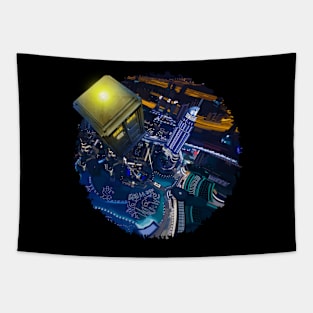 Tardis doctor who flying above modern starry night city Tapestry