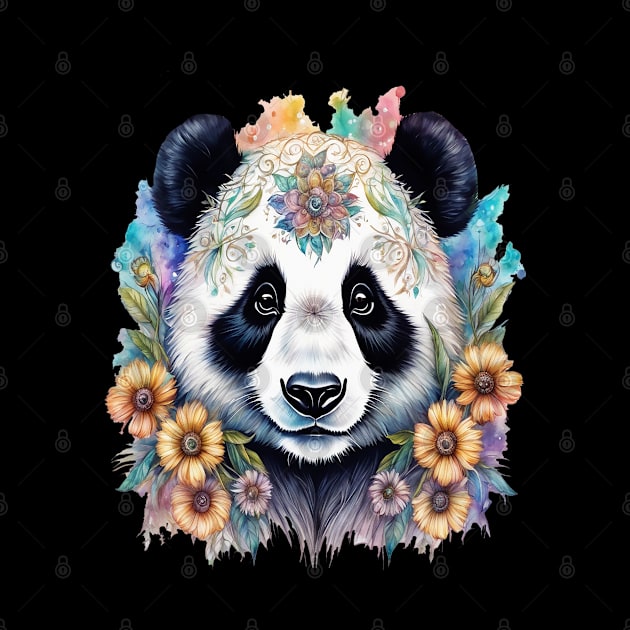 Fantasy, Watercolor, Panda Bear With Flowers and Butterflies by BirdsnStuff