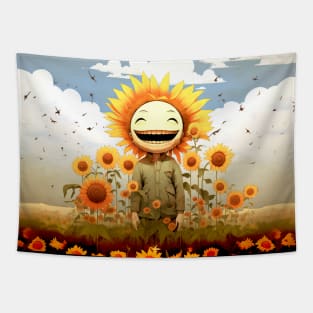 Sunflower Smiles: Be Happy Today on a Dark Background Tapestry