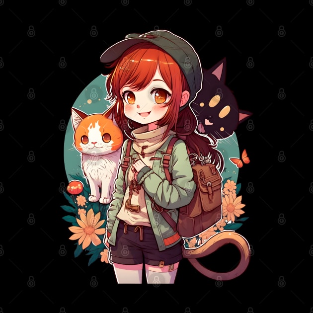 Cute Girl & Cats Kawaii Anime Orange and Black Cat Lovers by Ai Wanderer