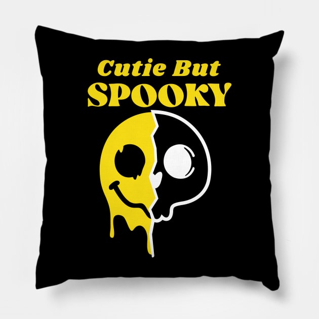 Cutie But Spooky Halloween Skull and Melting Smiley Design Pillow by Artist usha