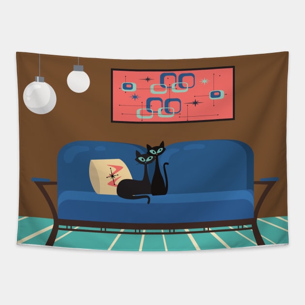 Kitties in Love on a Mid Century Sofa Tapestry by Lisa Williams Design