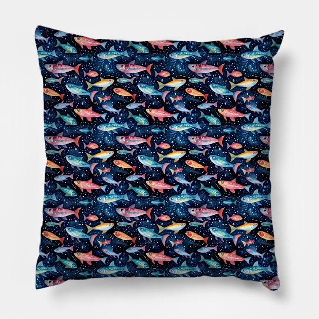 Illustrated Sardines in Space Surrounded by Stars Pillow by Not Art Designs