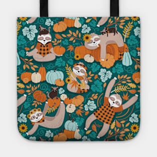 Sloths in pumpkin mood // pattern // green background orange teal and aqua autumnal pumpkins fall leaves shepherd’s check yellow sunflowers Tote