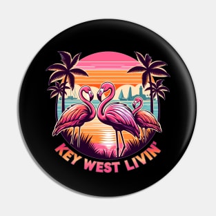 Key West Livin' - Tropical Flamingo Sunset Scene In Key West Pin