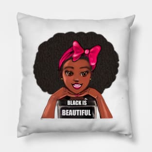 Queen Black is beautiful black girl with Big afro, pink bow, brown eyes and dark brown skin ! Pillow