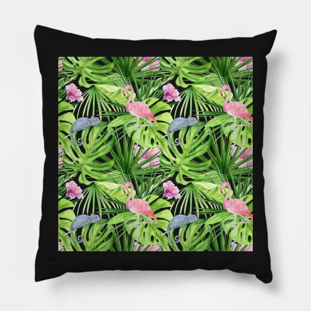 Tropical Jungle Pattern with Flamingos and Chameleons Pillow by CeeGunn
