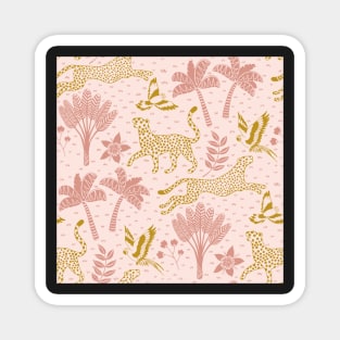 cheetahs and parrots in the jungle | melon and gold  | repeat pattern Magnet