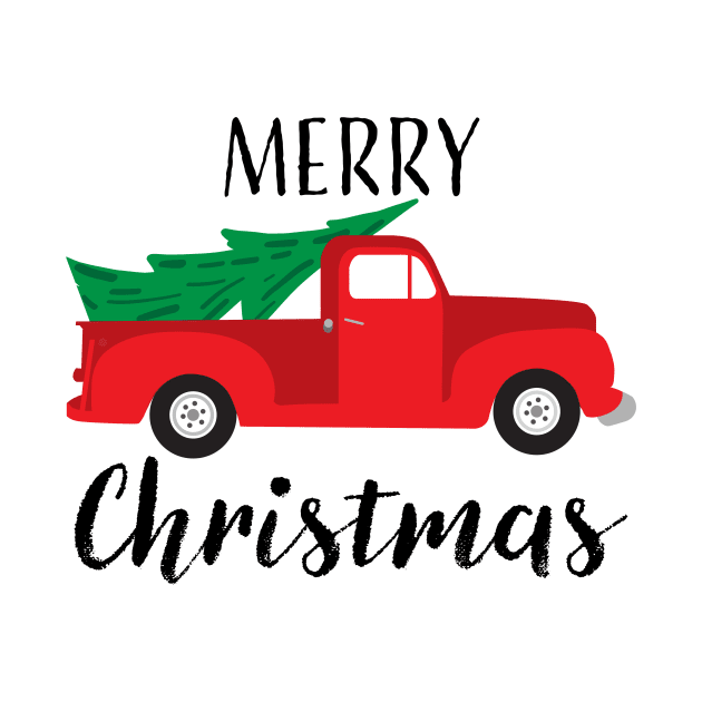 Merry Christmas with red vintage truck and tree by JDawnInk