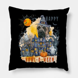 English Mastiff Happy Howl-o-ween Ghost Houses Funny Watercolor Pillow