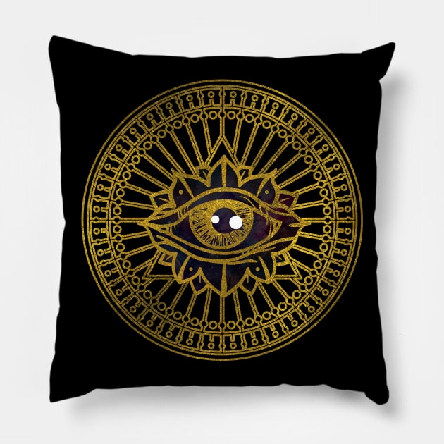 All Seeing Mystic Eye Gold on Nebula Sky Pillow by Nartissima