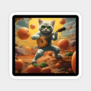Cat Playing Banjo On Pumpkin Planet Magnet