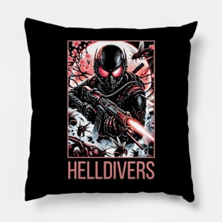 dynamic composition of Helldivers fighting against a swarm of insect-like aliens - fantasy Pillow