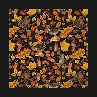 Autumn leaves, berries, mushrooms and wrens T-Shirt