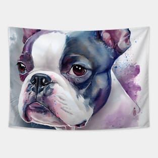 Adorable Boston Terrier Dog Watercolor with Blue and Purple Accents Tapestry