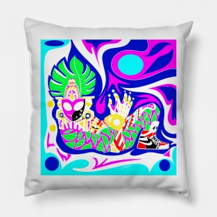 mayan alien mask in air shoes floral clothing style in mexican ecopop wallpaper Pillow