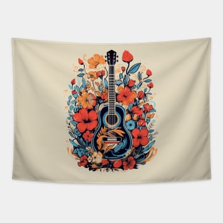 Acoustic Guitar Retro Red Roses Orange Poppies Nature Groovy Tapestry