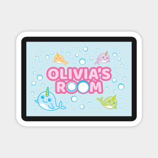 Personalised Narwhal 'Olivia's Room' Sea Unicorn Bedroom Poster Door Sign Magnet