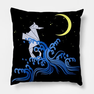 Origami seahorse with pattern, waves and moon Pillow