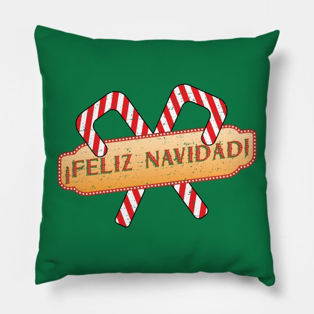 Feliz Navidad Candy Cane Spanish Christmas 2017 Distressed Pillow by lucidghost