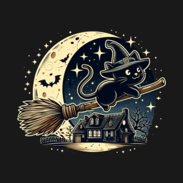 Witch Cat on Broom - Crescent Moon Magic Tee by JasonShirt