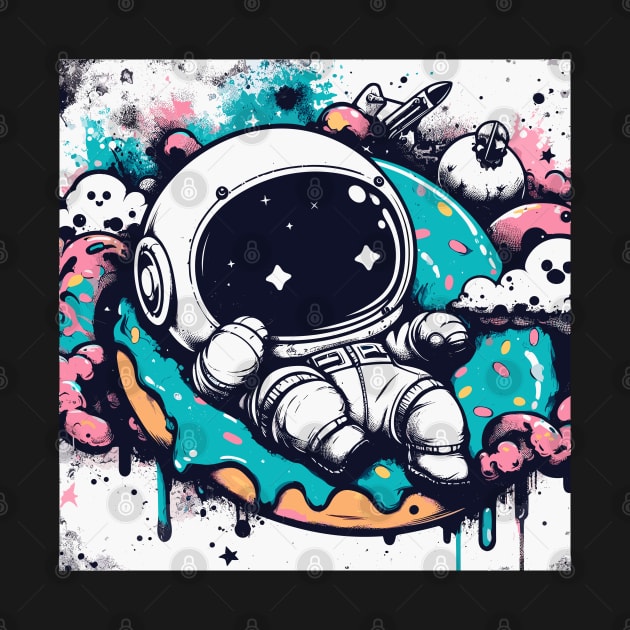 Street art Kawaii astronaut resting on donut by TomFrontierArt