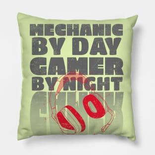 Gaming Quote Mechanic by Day Gamer by night in Grey Text Pillow