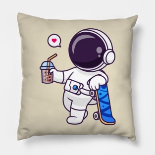 Cute Astronaut Drink Boba Milk Tea With Skateboard Cartoon Pillow