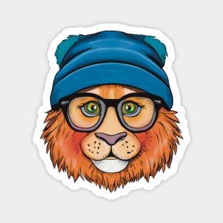 Orange Lion Wearing Glasses and a blue Hat Magnet