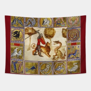 ARTHURIAN LEGENDS ,YWAIN AND HIS LION FIGHTING A DRAGON Medieval Miniature Tapestry