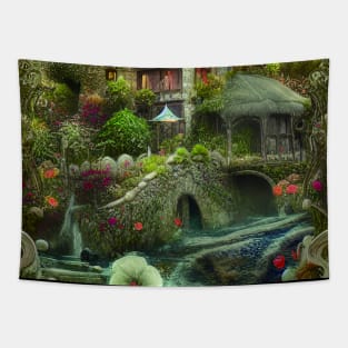 Sparkling Fantasy Cottage with Lights and Glitter Background in Forest, Scenery Nature Tapestry