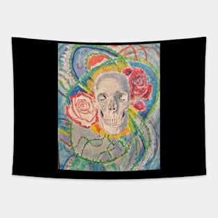 Skull flowers acrylic painting Tapestry