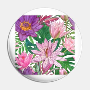 Waterlily, Monstera leaves watercolor tropical illustration. Exotic summer floral print. Colorful summer jungle Pin