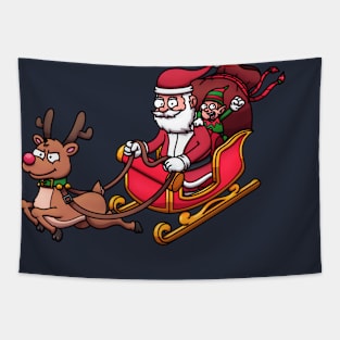 Cartoon Santa Claus And Elf Riding Sleigh With Reindeer Tapestry