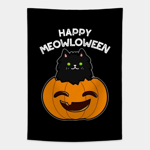 Meowloween Cute Halloween Cat Pumpkin Pun Tapestry by punnybone