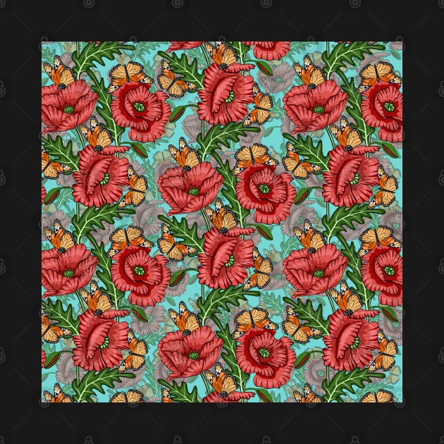 Poppies Flowers And Butterflies Pattern by Designoholic