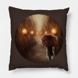 Warm Autumn Raining Scene Illustration Pillow
