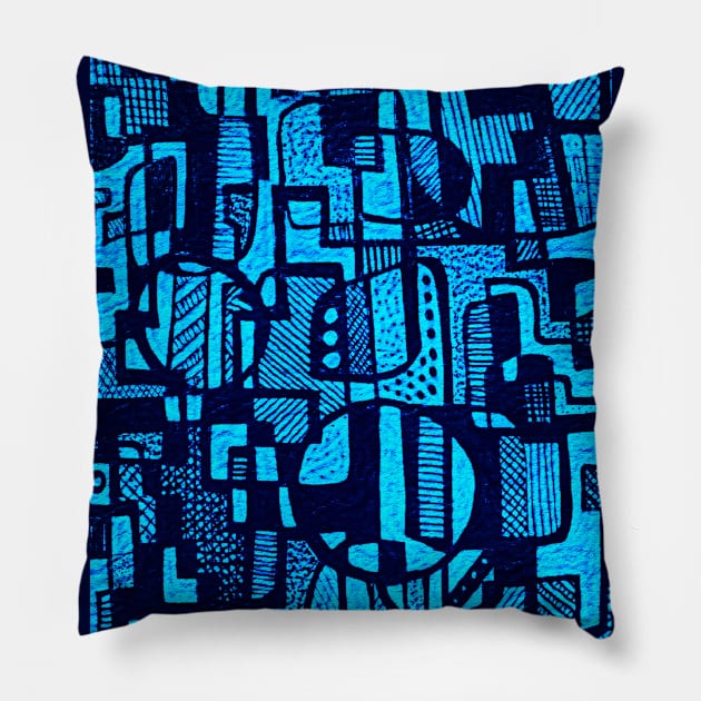 African Abstract Art Pattern Design- "Ndalu" - Blue Pillow by Tony Cisse Art Originals