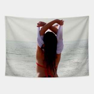 Girl at the beach getting ready for a bath Tapestry