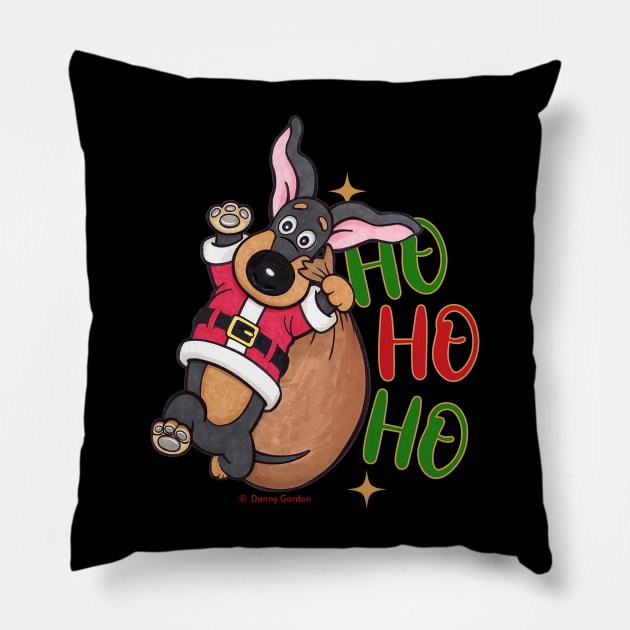 Cute Doxie Dog having a Ho Ho Ho Merry Christmas Dachshund tee Pillow by Danny Gordon Art