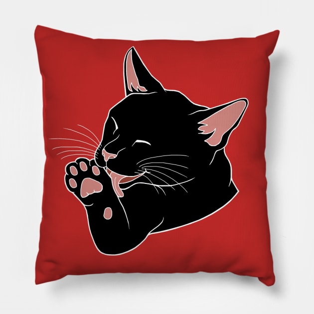 Black Cat Licking their Toe Beans Pillow by Art by Deborah Camp