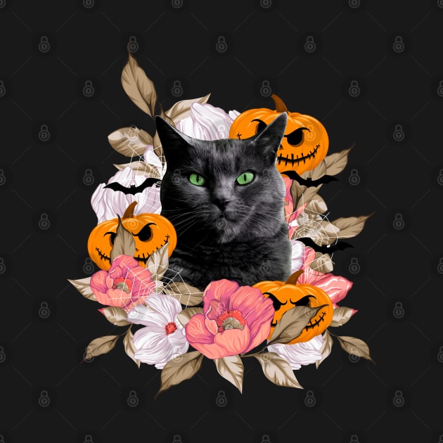 Black Cat With Halloween Floral by mia_me