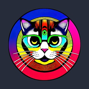 Fantastic Cat In Sunglasses. Colorful Round Composition T-Shirt