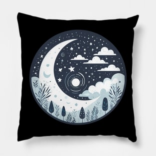 Whimsical Moonlit Night Circular Scene - Enchanting Night Sky with Stars and Clouds Pillow