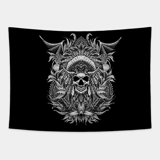 Indian Skull tribal art Tapestry by Pixel Poetry