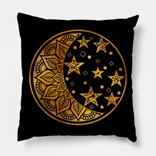 Gold Metallic Moon and Stars Mandala Pillow